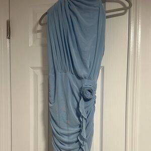 SHEIN Sky Blue Ruched Dress with Rosette Detail